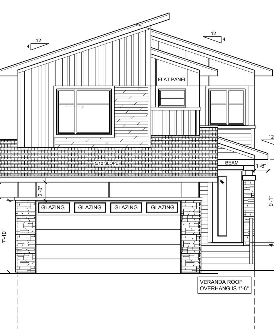 Front elevation drawing of a modern two-storey home with attached garage